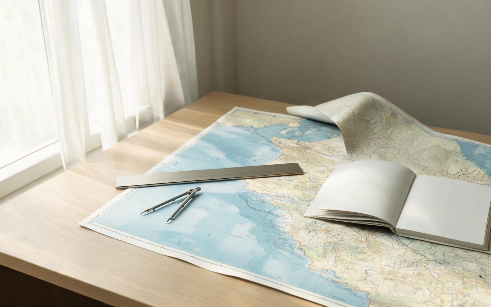 Nautical charts, dividers and a notebook laid out on a desk